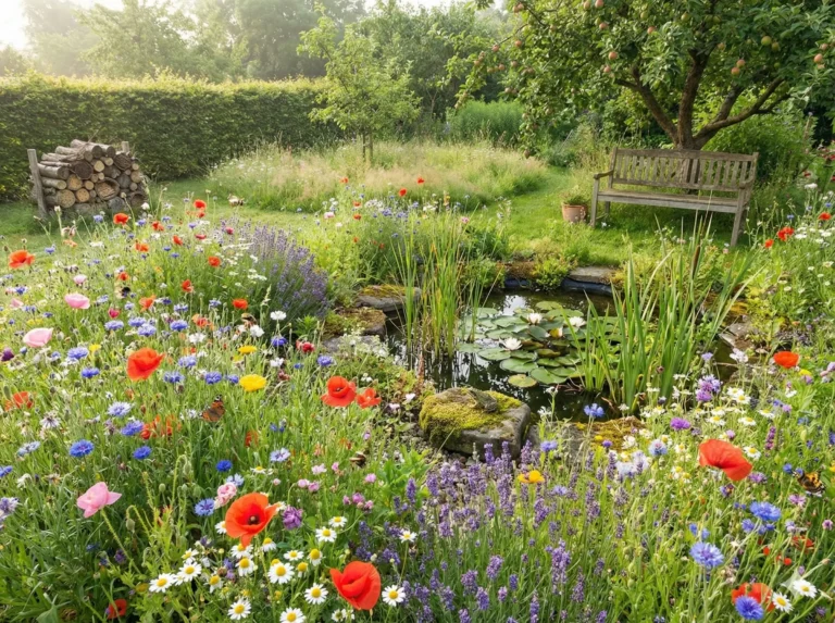 Kwiatowy ogród z stawem i ławką.
