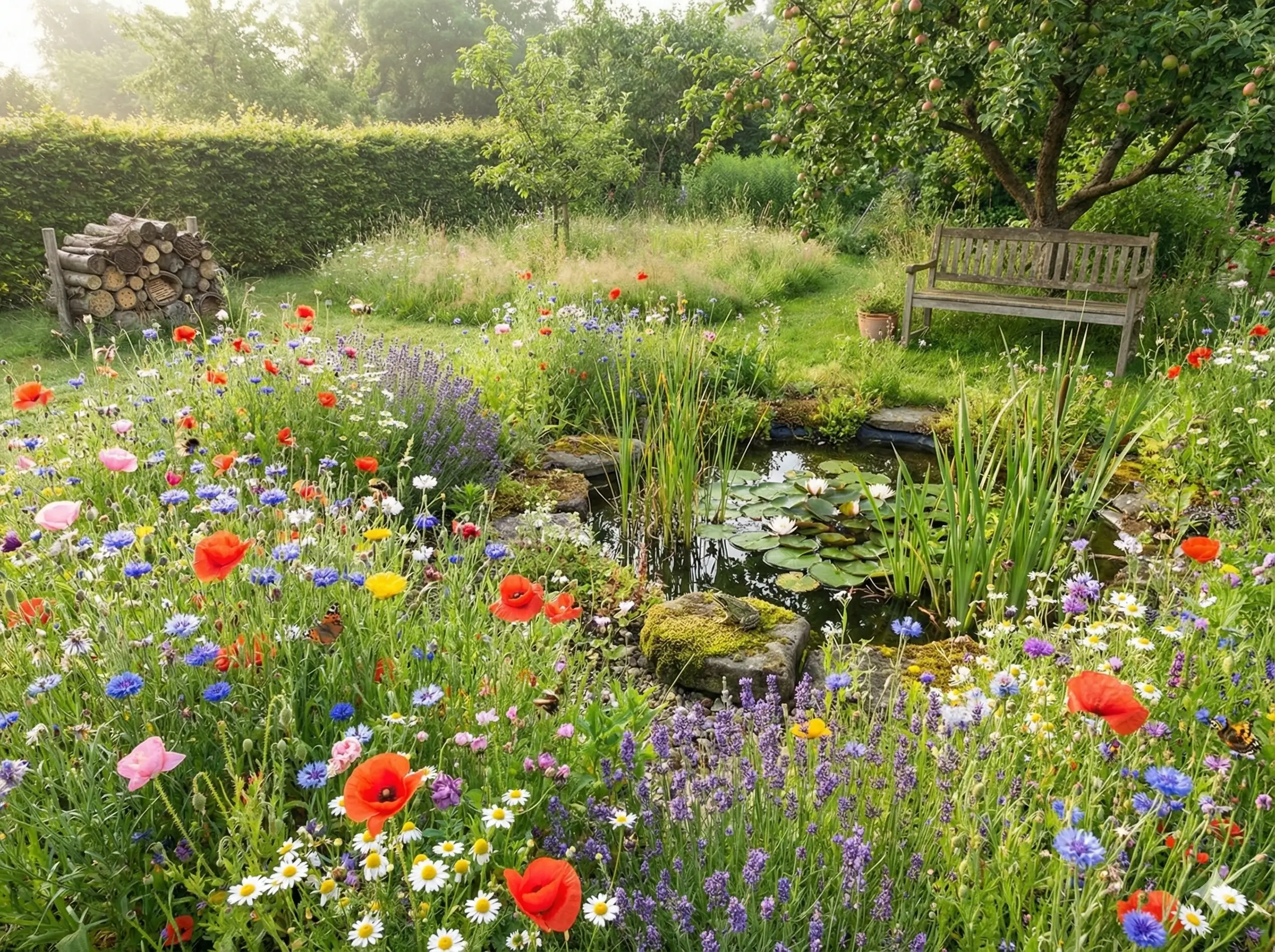 Kwiatowy ogród z stawem i ławką.