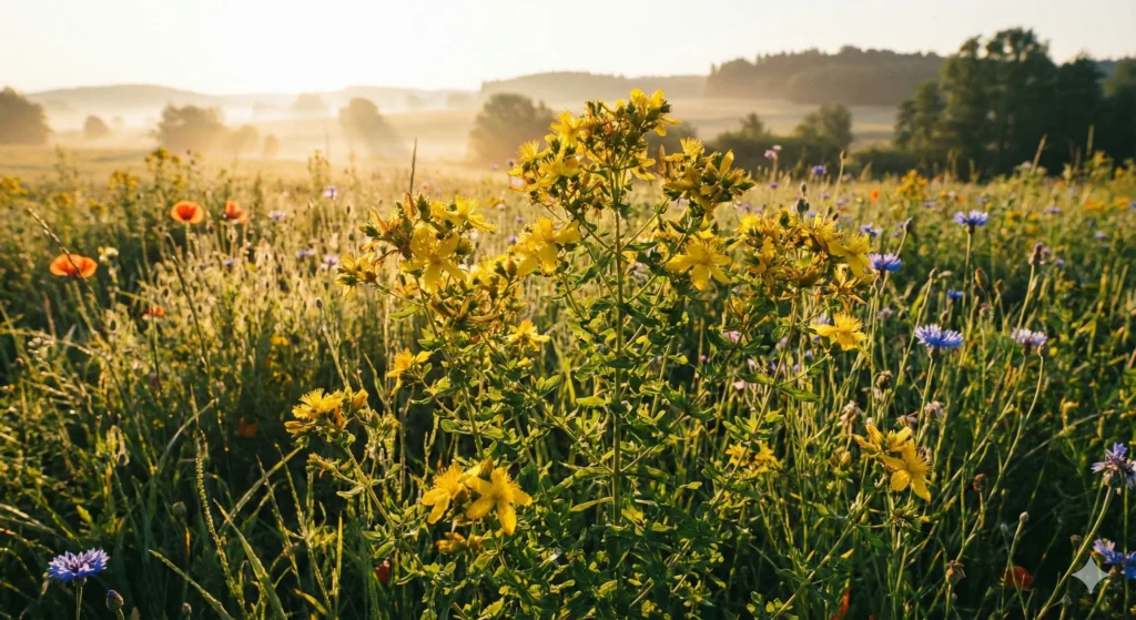 dziurawiec zwyczainy na łące rano