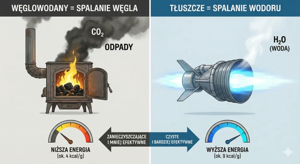 Metafora wydajności metabolicznej Węglowodany jako brudny węgiel kontra tłuszcze jako czysty wodór