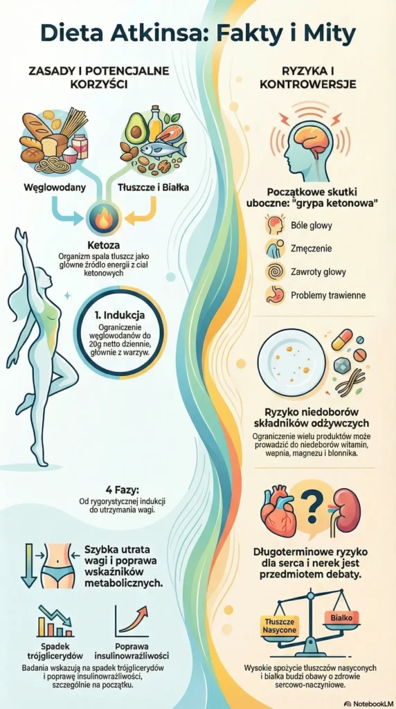 infografika Atkins- Zasady, Korzyści i Ryzyka