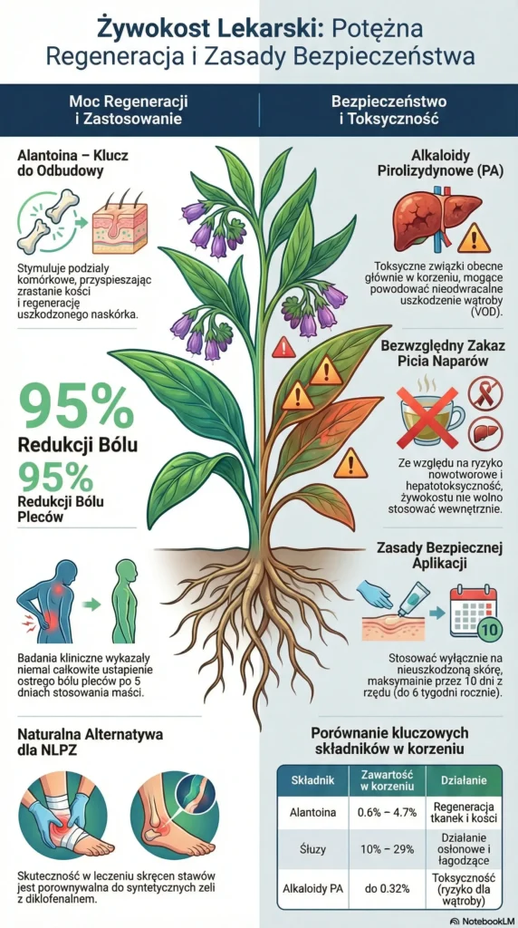 infografika Żywokost lekarski regeneracja i bezpieczeństwo