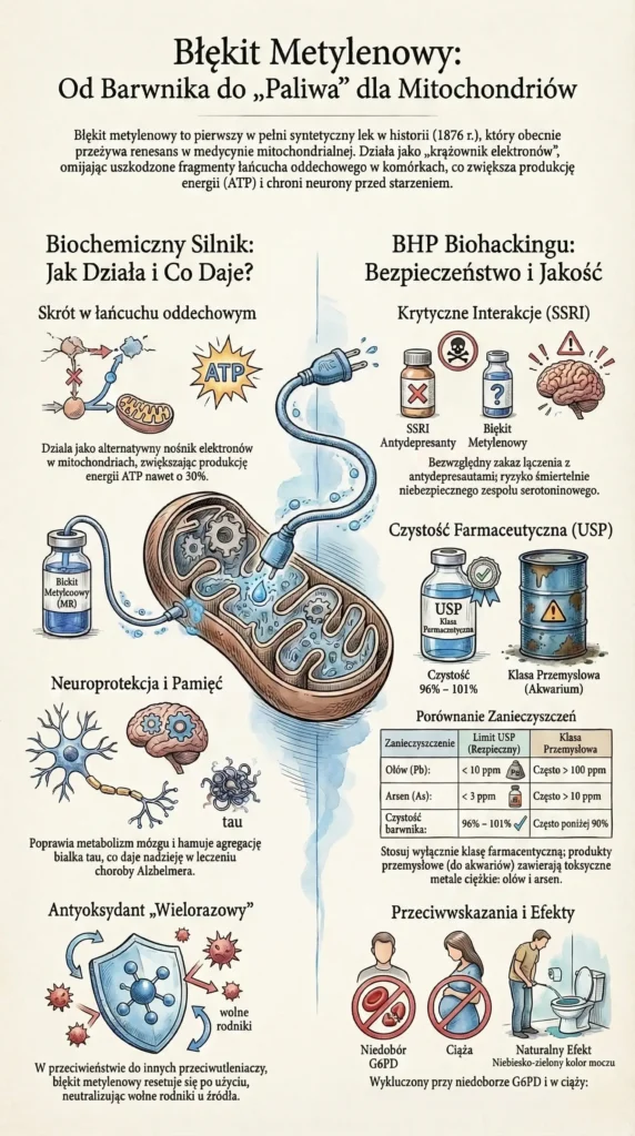 infografika Błękit metylenowy działanie i bezpieczeństwo