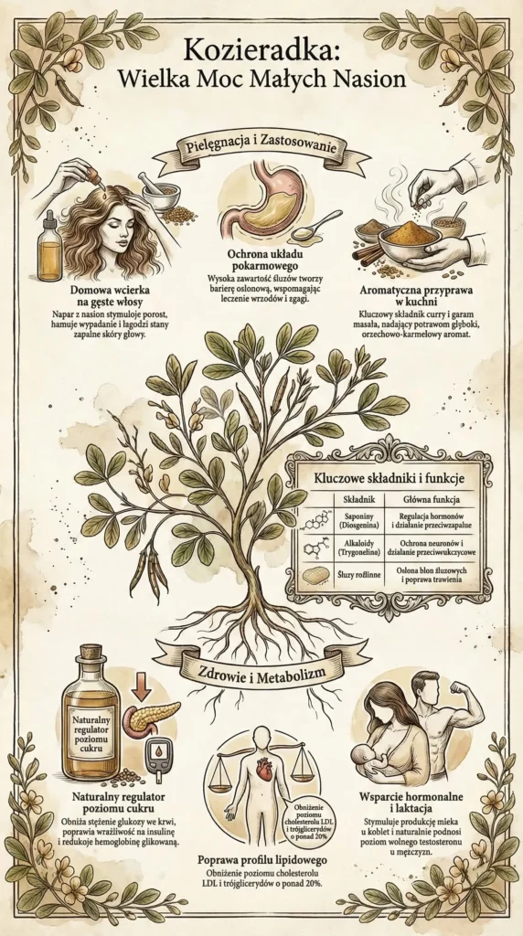 infografika Właściwości i zastosowanie kozieradki