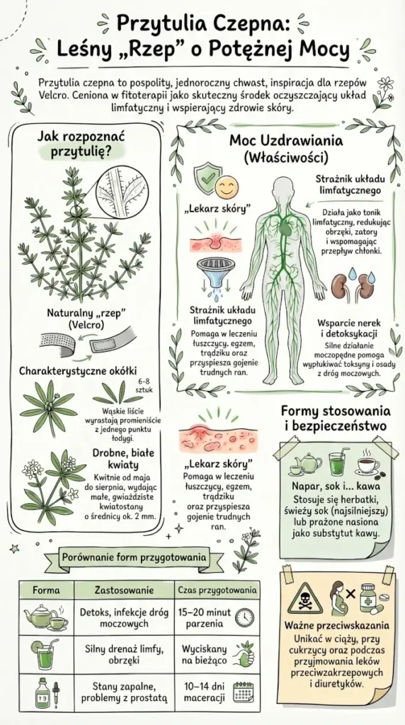 infografika Przytulia czepna właściwości i zastosowanie