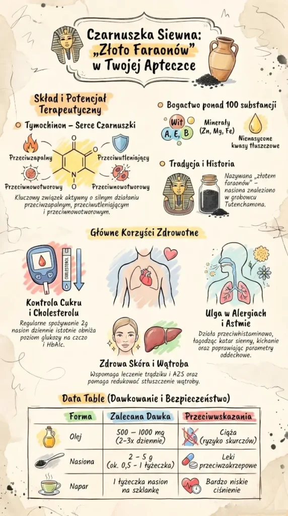 infografika Czarnuszka siewna właściwości i dawkowanie