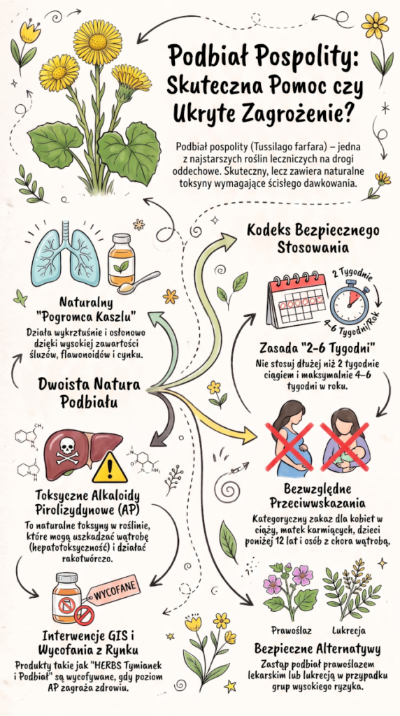 infografika Podbiał pospolity korzyści i zagrożenia